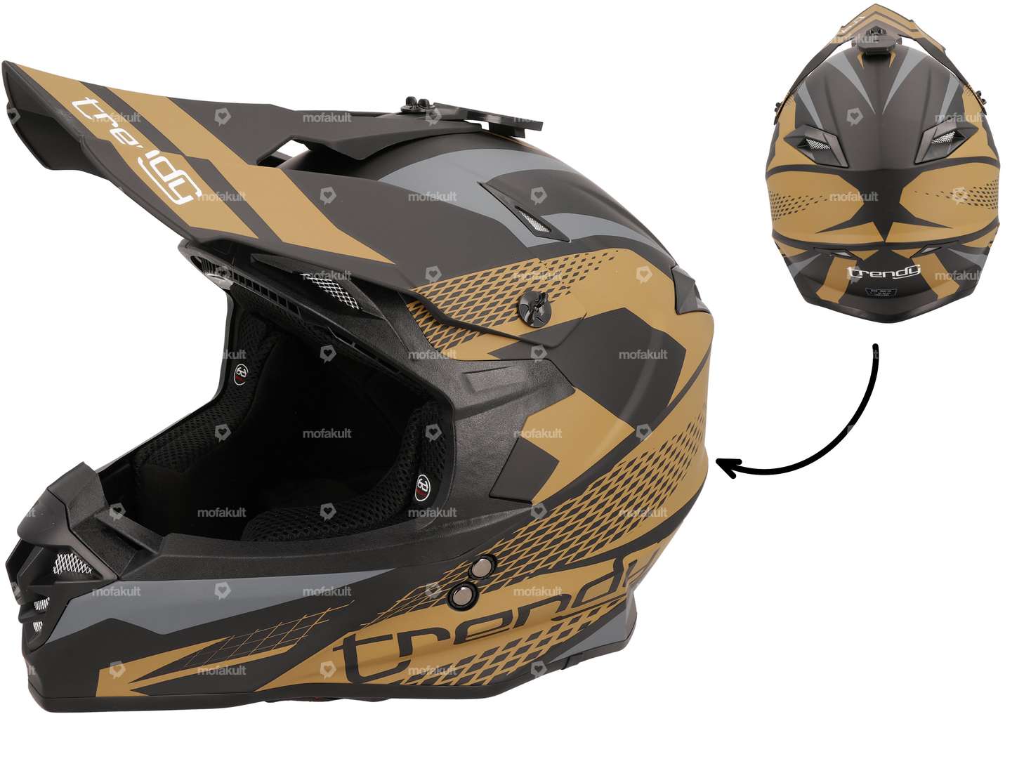 Casco cross "Trendy" nero-grigio-oro opaco (S-L) Carousel Image 1